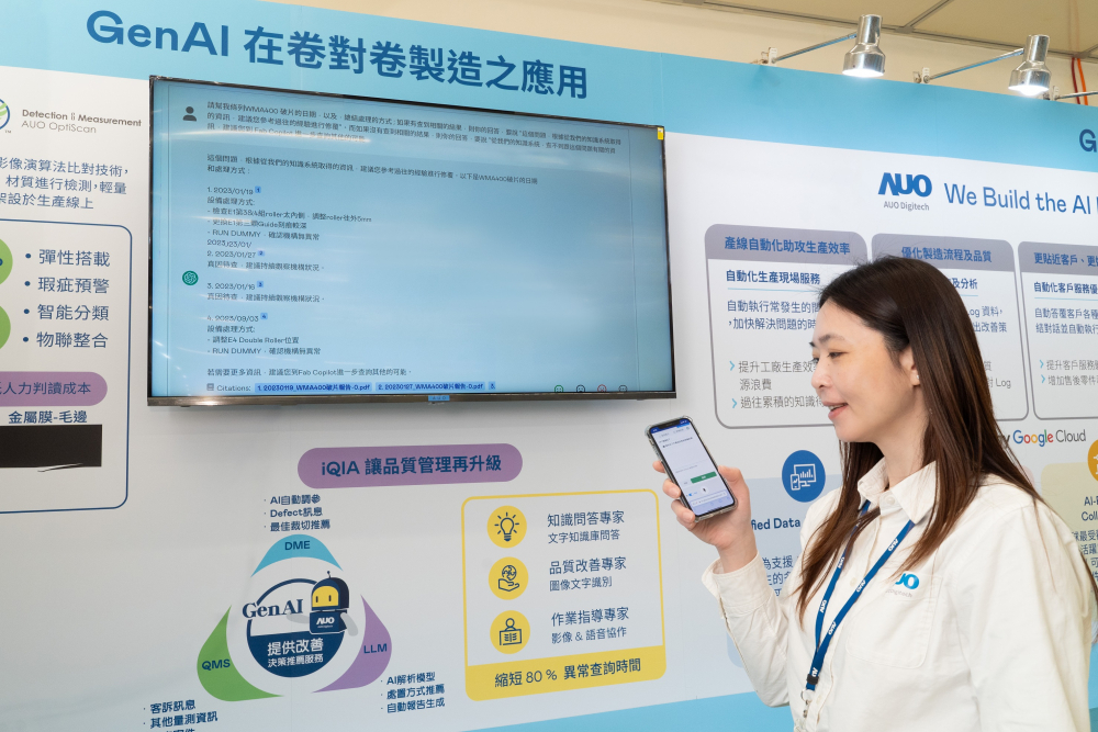 申博太陽城數(shù)位積極發(fā)展數(shù)智化轉型 ，透過AI落地應用優(yōu)化制造流程 ，革新人力 、生產效率與設備維護效益，圖為〝智能質量推升助手-iQIA〞（Intelligent quality improve assistant）應用情境，協(xié)助質量管理再升級 。