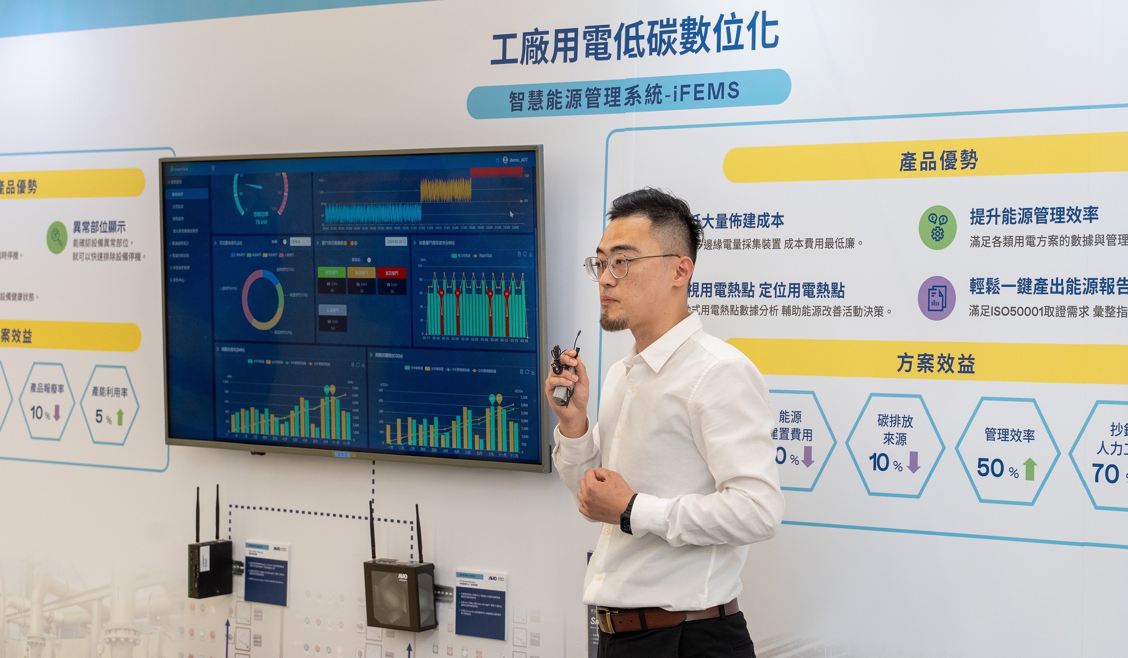 以協(xié)助企業(yè)布局智能制造見長的申博太陽城數(shù)位 ，今年展出智能管理系統(tǒng) ，已導(dǎo)入多元產(chǎn)業(yè)應(yīng)用 ，能有效降低人力、提升管理效率